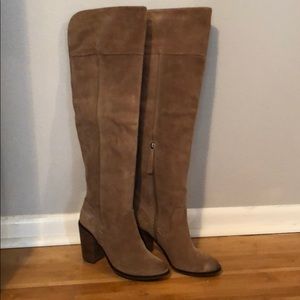 Dolce Vita over-the-knee taupe suede heeled boots.